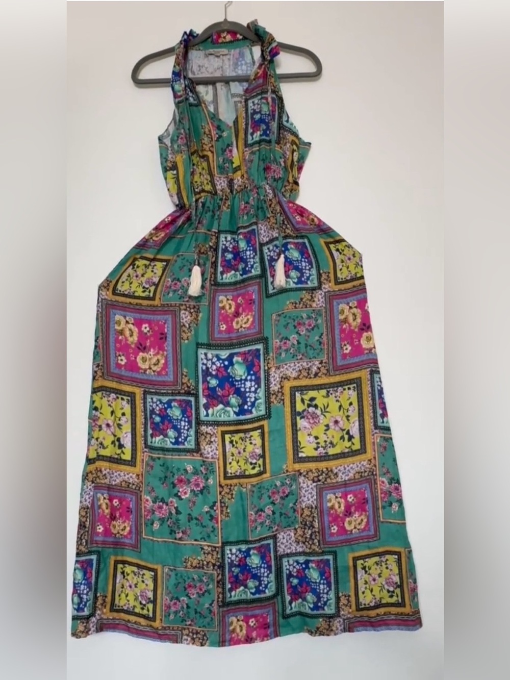 Linen Boho Halter Maxi Dress in Green Floral Patchwork